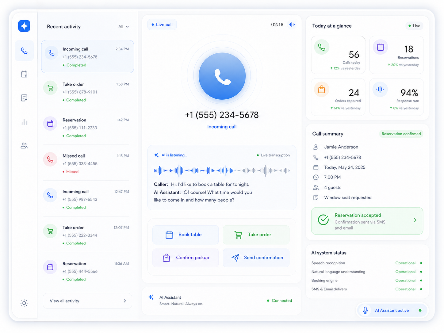 AI voice ordering and reservation assistant interface capturing a table booking through natural conversation.